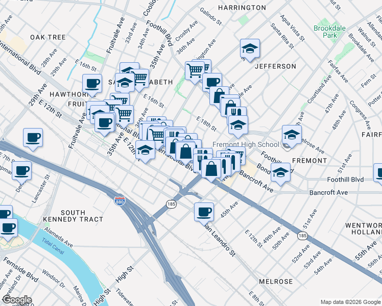 map of restaurants, bars, coffee shops, grocery stores, and more near 1434 40th Avenue in Oakland