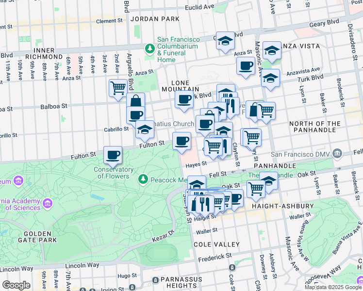 map of restaurants, bars, coffee shops, grocery stores, and more near 420 Stanyan Street in San Francisco