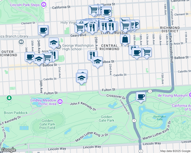 map of restaurants, bars, coffee shops, grocery stores, and more near Cabrillo Street in San Francisco