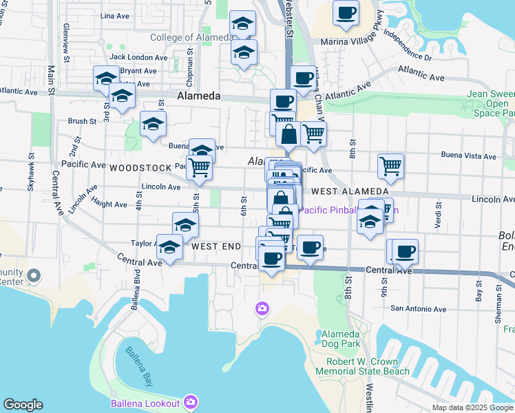 map of restaurants, bars, coffee shops, grocery stores, and more near 613 Haight Avenue in Alameda