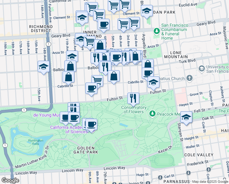 map of restaurants, bars, coffee shops, grocery stores, and more near 765 5th Avenue in San Francisco