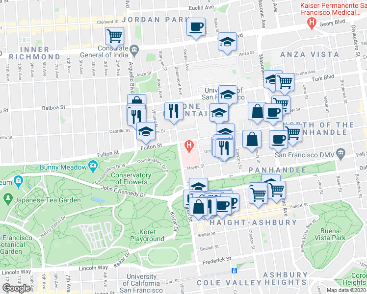 map of restaurants, bars, coffee shops, grocery stores, and more near 420 Stanyan Street in San Francisco