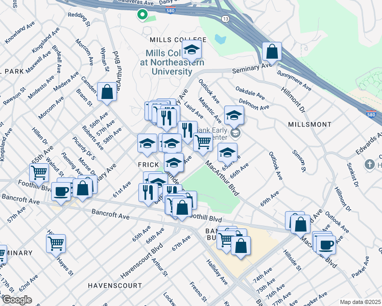 map of restaurants, bars, coffee shops, grocery stores, and more near 3243 63rd Avenue in Oakland