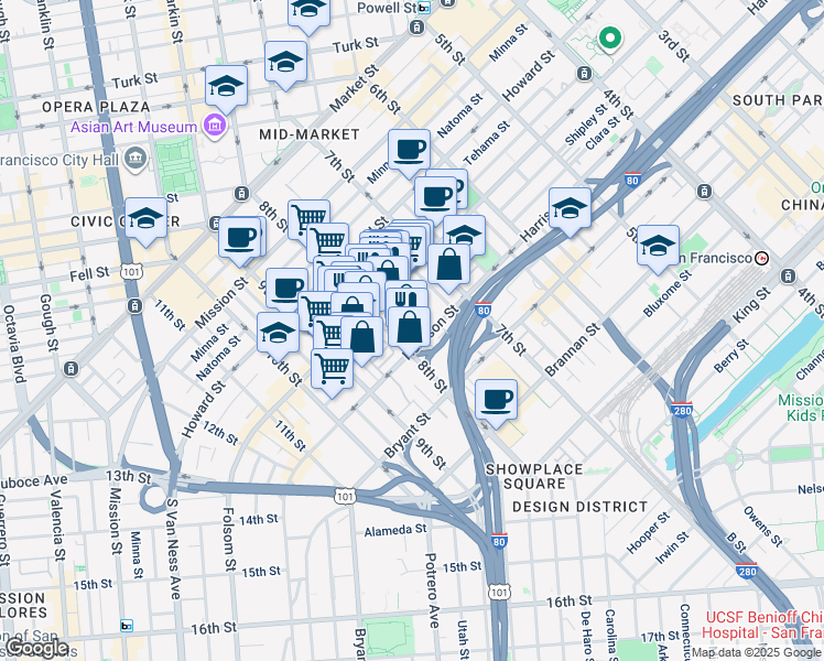 map of restaurants, bars, coffee shops, grocery stores, and more near 1210 Harrison Street in San Francisco