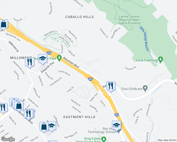 map of restaurants, bars, coffee shops, grocery stores, and more near 7610 Mountain Boulevard in Oakland