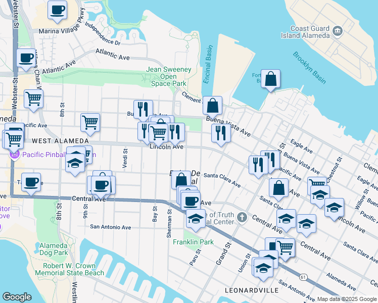 map of restaurants, bars, coffee shops, grocery stores, and more near 1534 Morton Street in Alameda