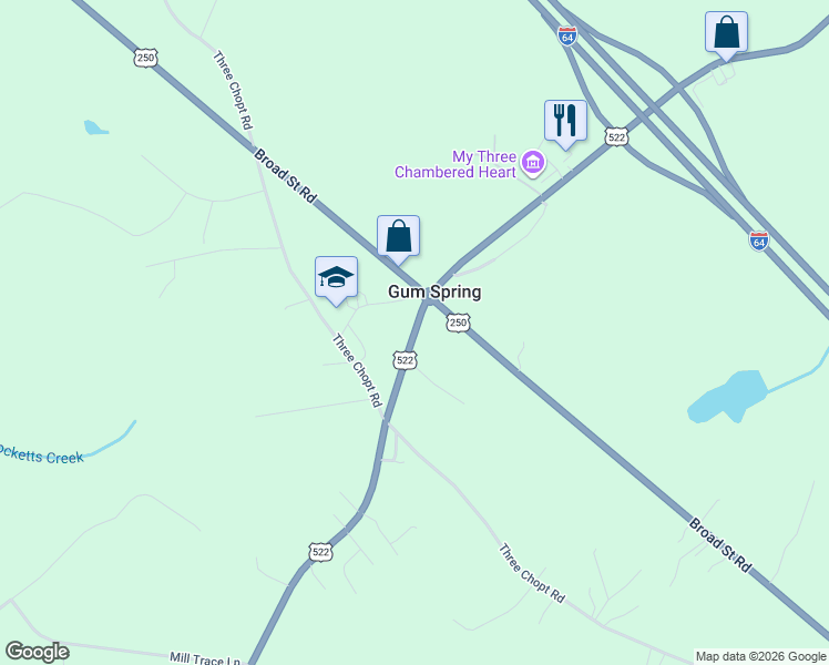 map of restaurants, bars, coffee shops, grocery stores, and more near 138 Church Lane in Gum Spring