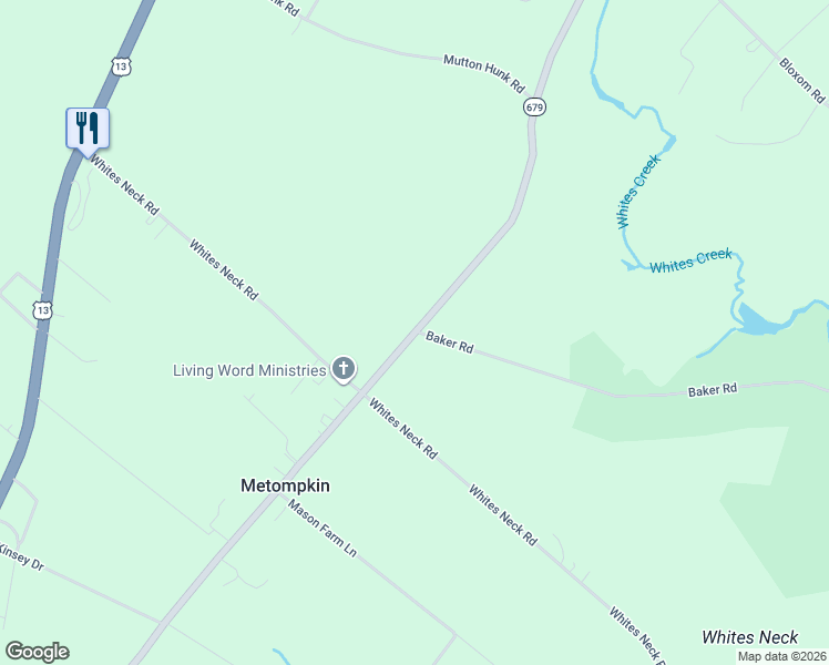 map of restaurants, bars, coffee shops, grocery stores, and more near 19283 Metompkin Road in Parksley