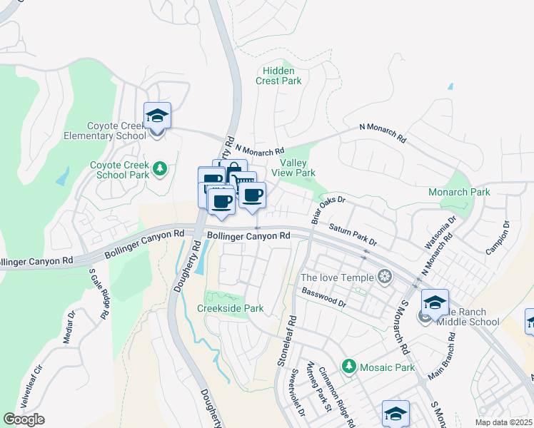 map of restaurants, bars, coffee shops, grocery stores, and more near 9752 Belladonna Drive in San Ramon