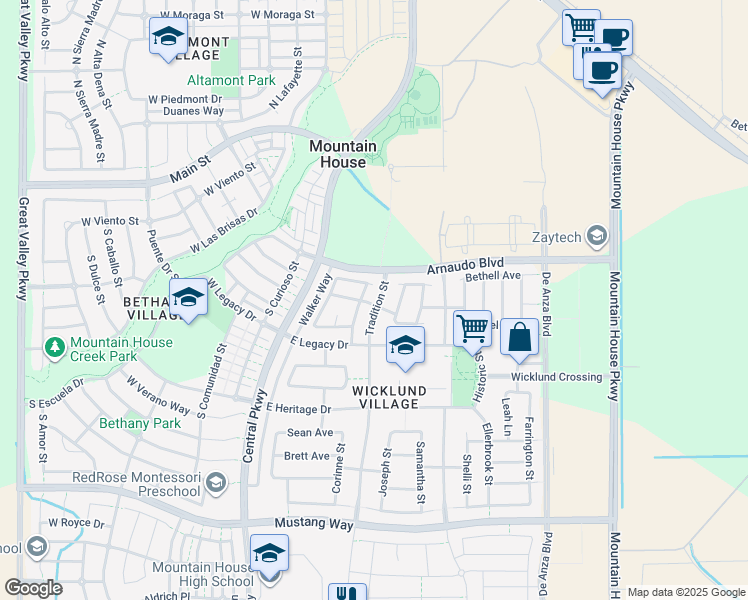 map of restaurants, bars, coffee shops, grocery stores, and more near 363 Tradition Street in Mountain House