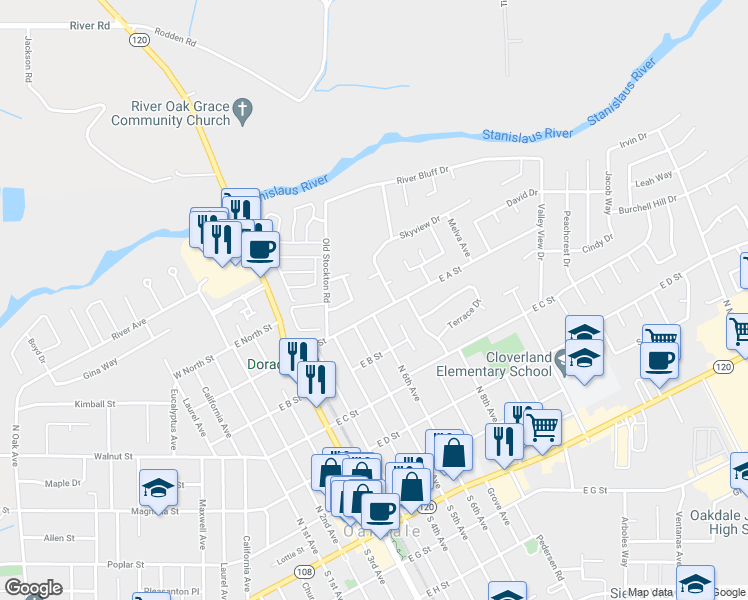 map of restaurants, bars, coffee shops, grocery stores, and more near 640 East A Street in Oakdale