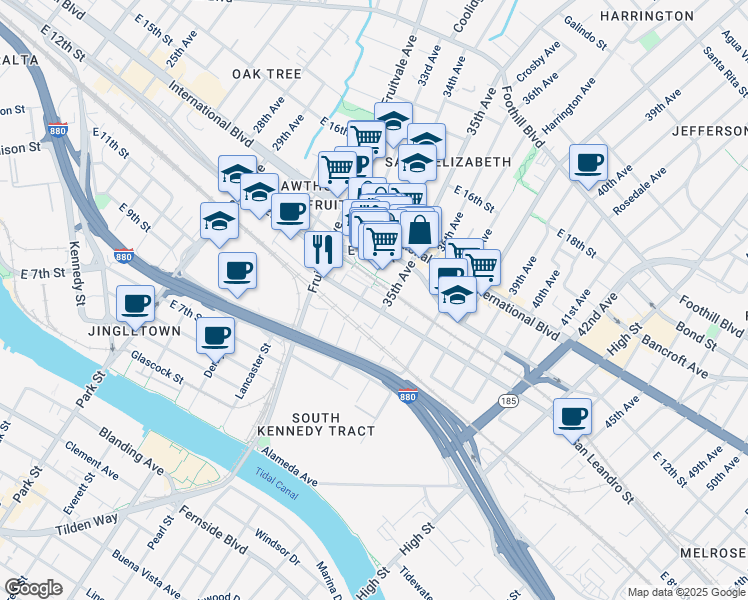 map of restaurants, bars, coffee shops, grocery stores, and more near 3418 San Leandro Street in Oakland