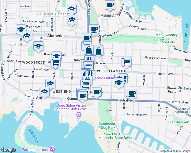 map of restaurants, bars, coffee shops, grocery stores, and more near 727 Haight Avenue in Alameda