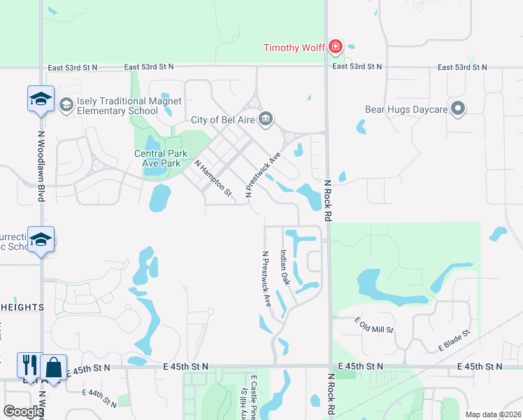 map of restaurants, bars, coffee shops, grocery stores, and more near 5008 Prestwick Avenue in Bel Aire