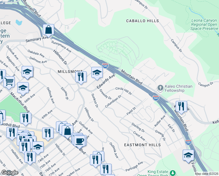 map of restaurants, bars, coffee shops, grocery stores, and more near 7400 Circle Hill Drive in Oakland