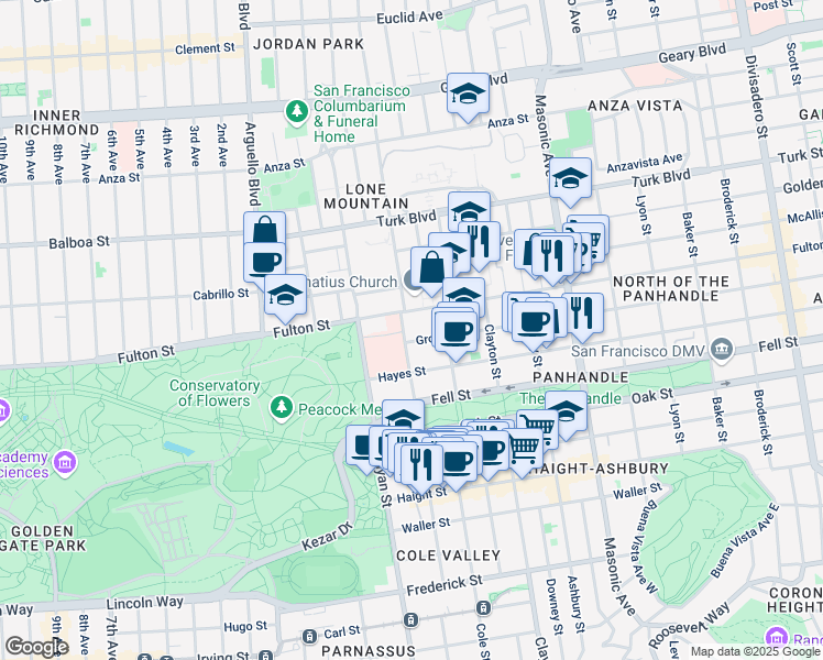 map of restaurants, bars, coffee shops, grocery stores, and more near 40 Shrader Street in San Francisco