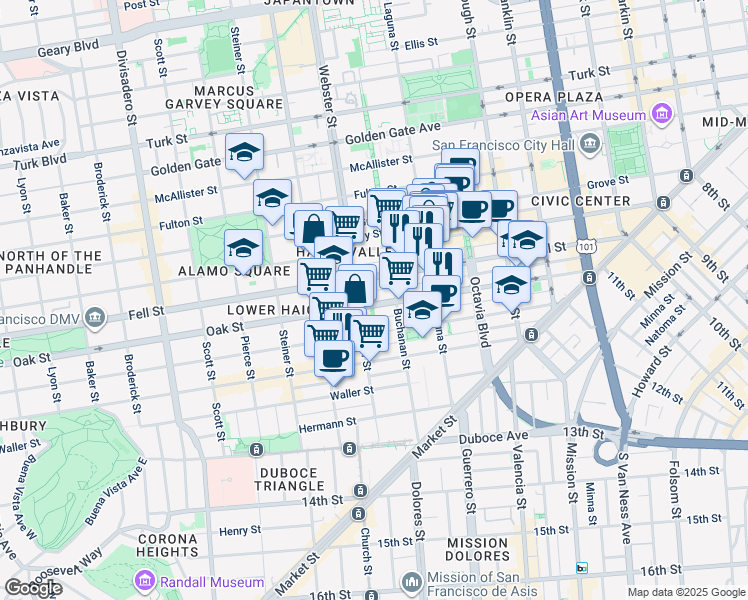 map of restaurants, bars, coffee shops, grocery stores, and more near 518 Oak Street in San Francisco