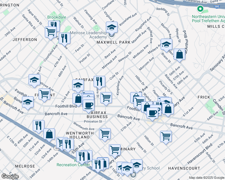 map of restaurants, bars, coffee shops, grocery stores, and more near 5350 Trask Street in Oakland