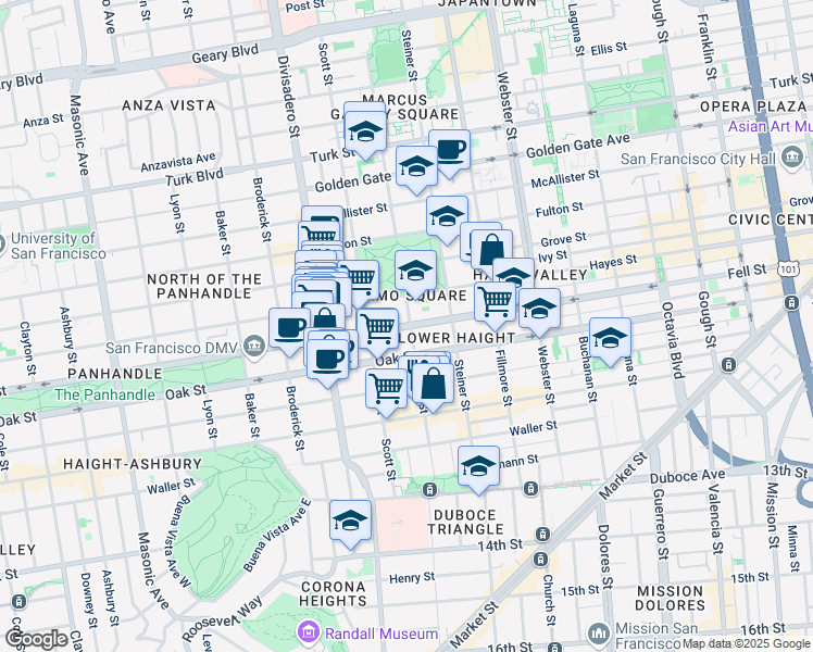 map of restaurants, bars, coffee shops, grocery stores, and more near 1004 Fell St in San Francisco