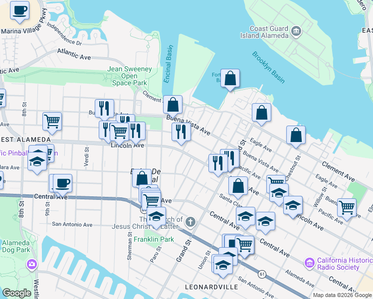 map of restaurants, bars, coffee shops, grocery stores, and more near 1539 Lincoln Avenue in Alameda