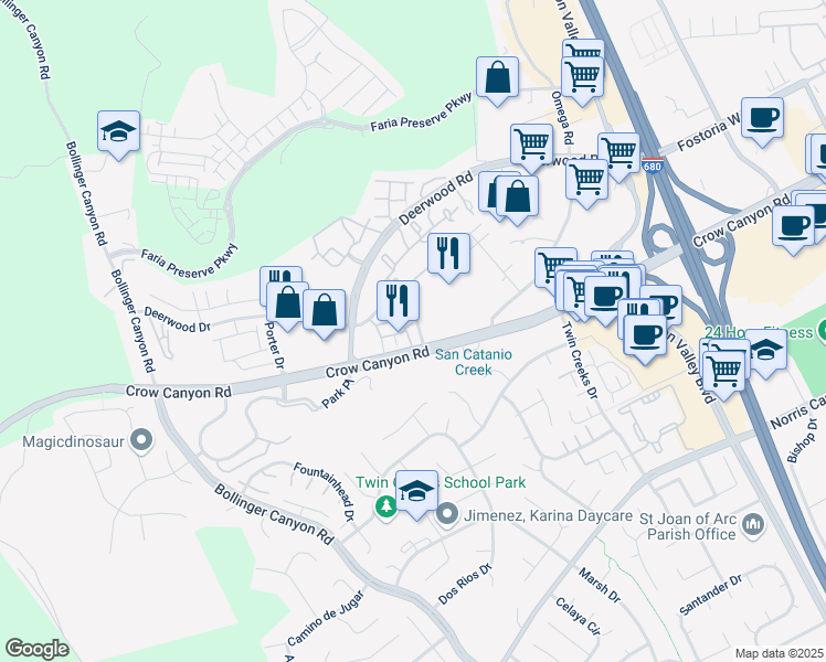 map of restaurants, bars, coffee shops, grocery stores, and more near 448 Constantine Court in San Ramon