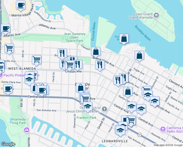 map of restaurants, bars, coffee shops, grocery stores, and more near 1500 Lincoln Avenue in Alameda