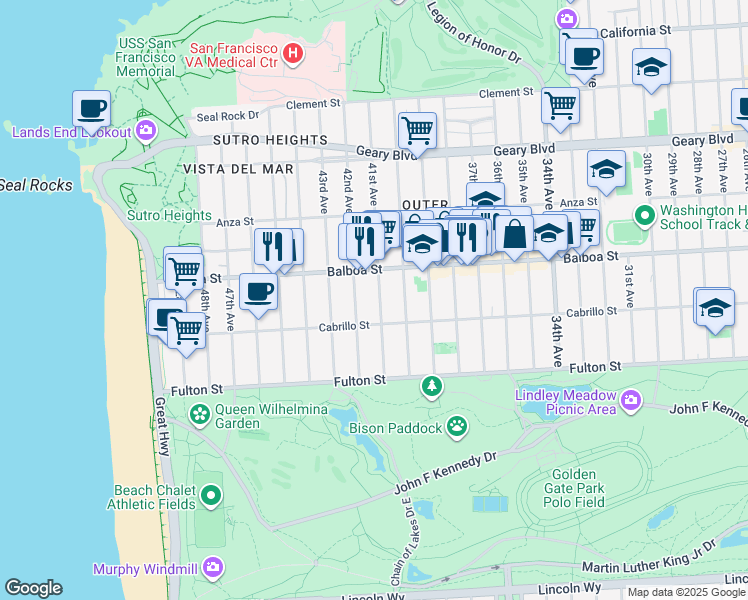 map of restaurants, bars, coffee shops, grocery stores, and more near 759 41st Avenue in San Francisco
