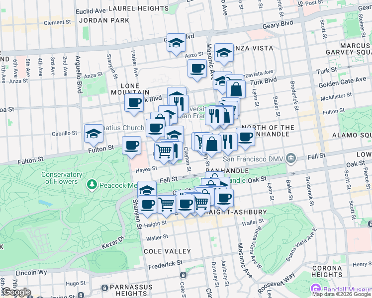 map of restaurants, bars, coffee shops, grocery stores, and more near Grove St & Clayton St in San Francisco