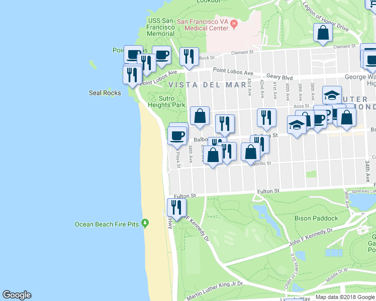 map of restaurants, bars, coffee shops, grocery stores, and more near 735 48th Avenue in San Francisco