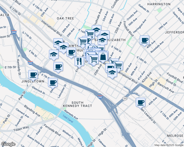 map of restaurants, bars, coffee shops, grocery stores, and more near 3418 San Leandro Street in Oakland