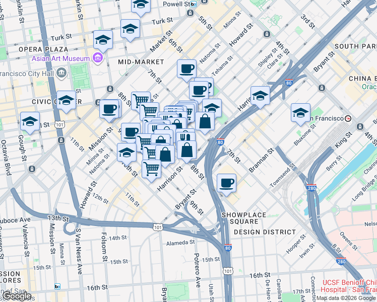 map of restaurants, bars, coffee shops, grocery stores, and more near 1210 Harrison Street in San Francisco