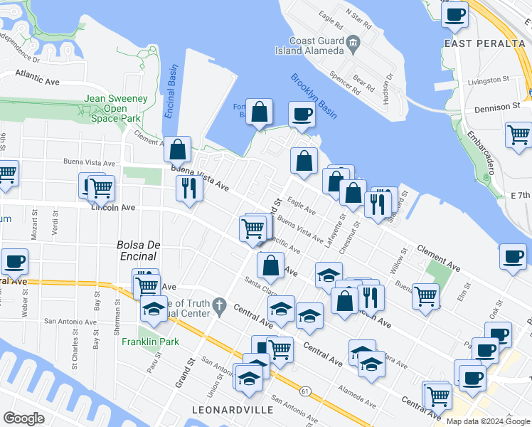 map of restaurants, bars, coffee shops, grocery stores, and more near 1721 Grand Street in Alameda
