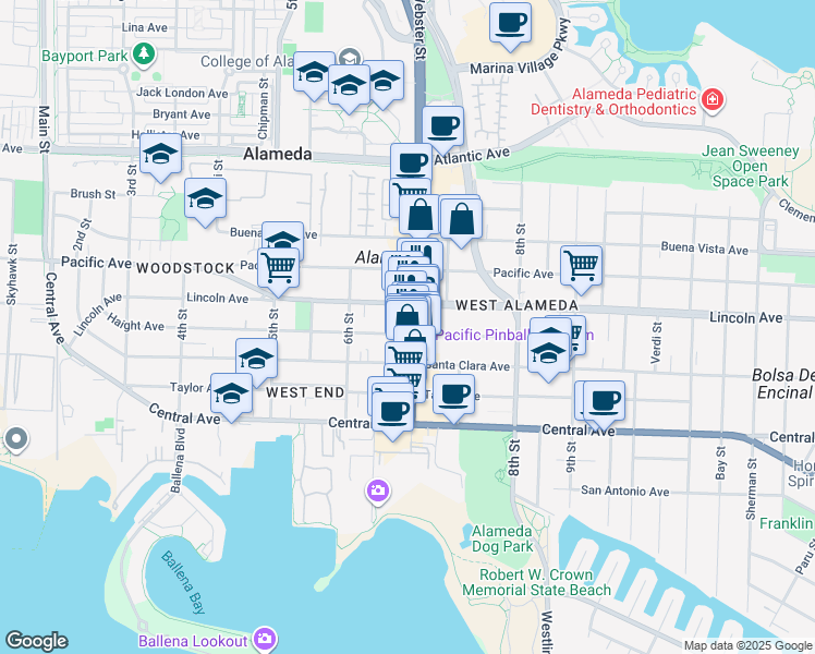 map of restaurants, bars, coffee shops, grocery stores, and more near 1531 Webster Street in Alameda