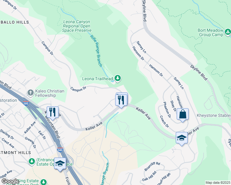 map of restaurants, bars, coffee shops, grocery stores, and more near 625 Canyon Oaks Drive in Oakland