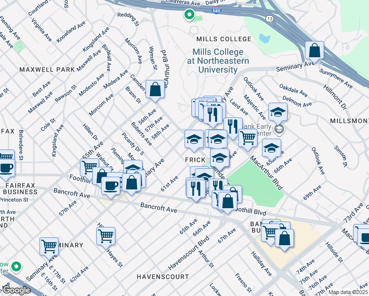 map of restaurants, bars, coffee shops, grocery stores, and more near 3027 60th Avenue in Oakland