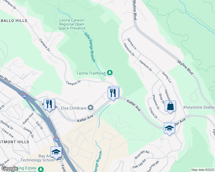 map of restaurants, bars, coffee shops, grocery stores, and more near 635 Canyon Oaks Drive in Oakland