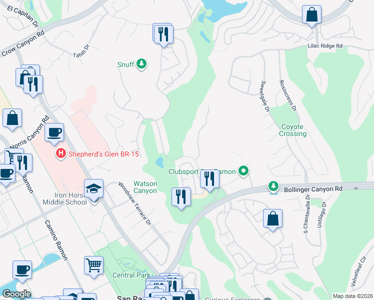 map of restaurants, bars, coffee shops, grocery stores, and more near 735 Watson Canyon Court in San Ramon