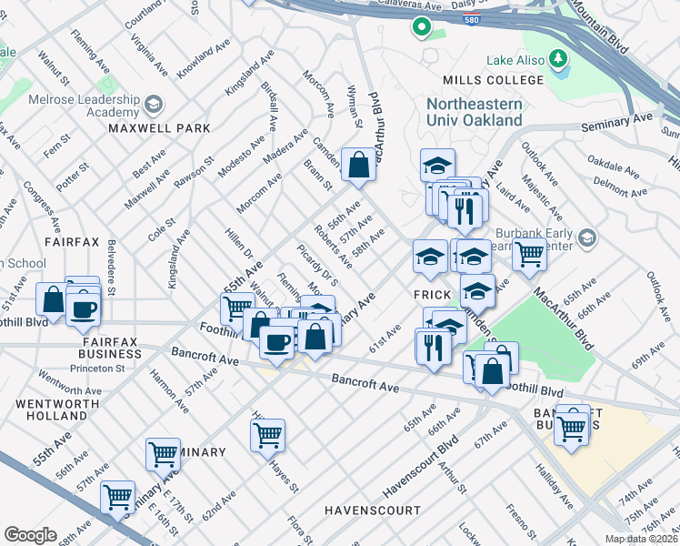 map of restaurants, bars, coffee shops, grocery stores, and more near 5821 Roberts Avenue in Oakland