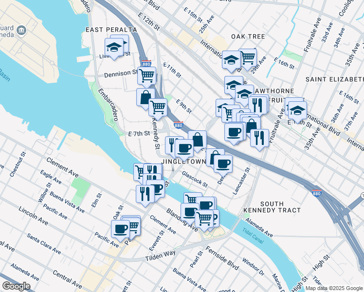 map of restaurants, bars, coffee shops, grocery stores, and more near 2832 Chapman Street in Oakland