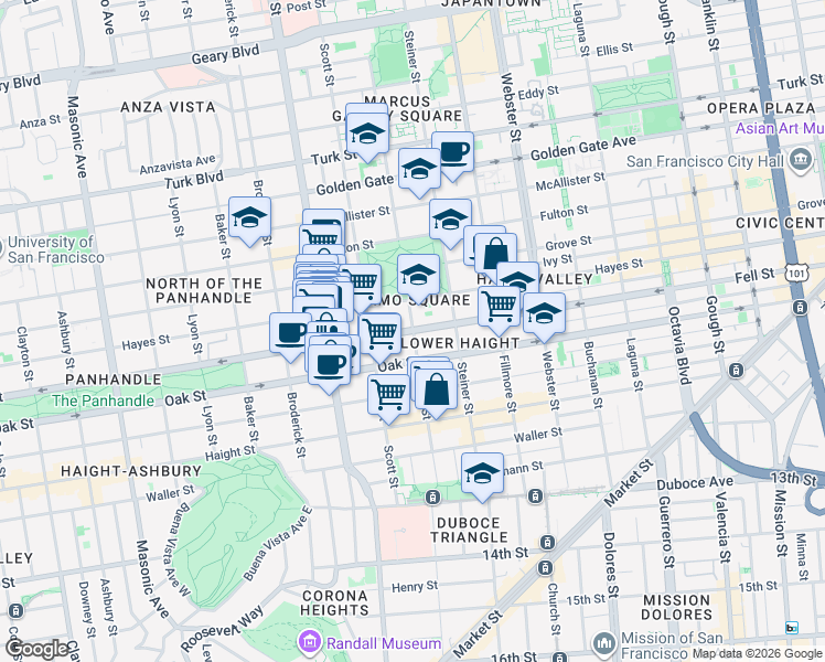 map of restaurants, bars, coffee shops, grocery stores, and more near Fell St & Pierce St in San Francisco