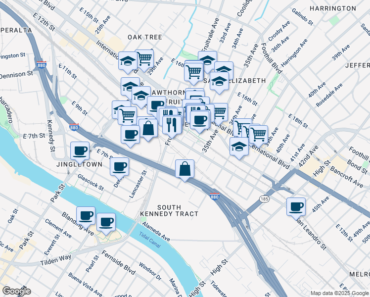map of restaurants, bars, coffee shops, grocery stores, and more near 3319 San Leandro Street in Oakland