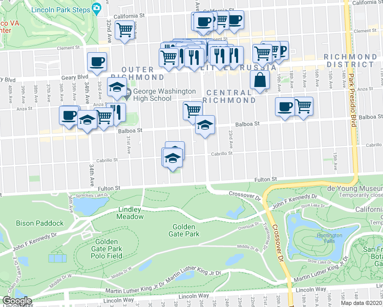 map of restaurants, bars, coffee shops, grocery stores, and more near 2500 Cabrillo Street in San Francisco