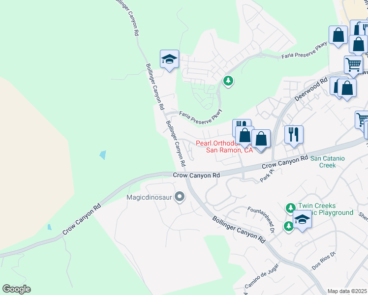 map of restaurants, bars, coffee shops, grocery stores, and more near 3 Bollinger Crest Common in San Ramon