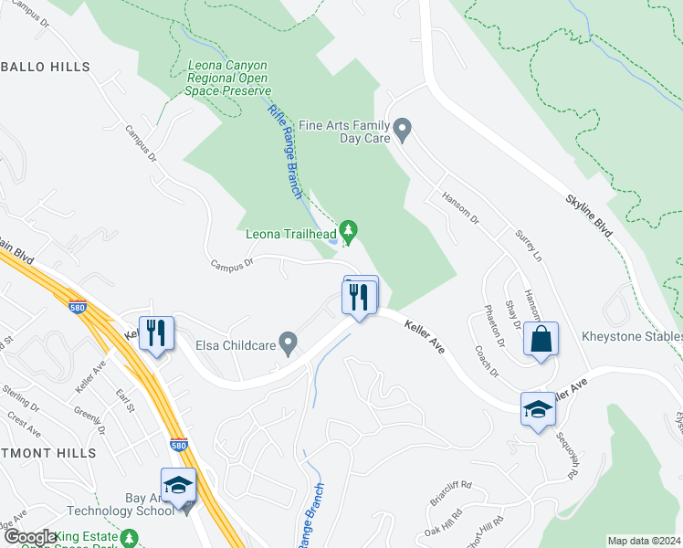 map of restaurants, bars, coffee shops, grocery stores, and more near 13895 Campus Drive in Oakland