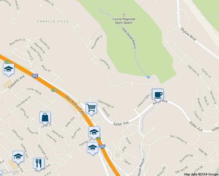 map of restaurants, bars, coffee shops, grocery stores, and more near 13811 Campus Drive in Oakland