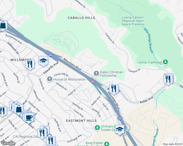 map of restaurants, bars, coffee shops, grocery stores, and more near 7620 Mountain Boulevard in Oakland