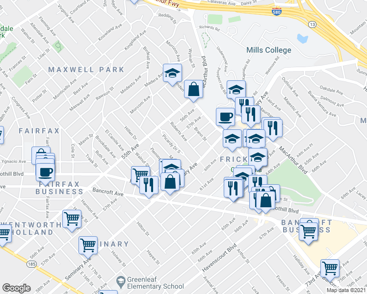 map of restaurants, bars, coffee shops, grocery stores, and more near 5821 Roberts Avenue in Oakland