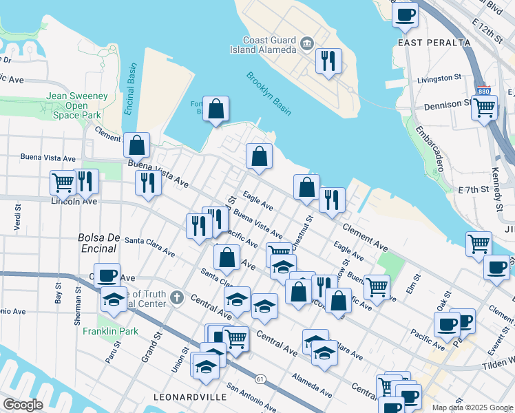 map of restaurants, bars, coffee shops, grocery stores, and more near 1819 Minturn Street in Alameda
