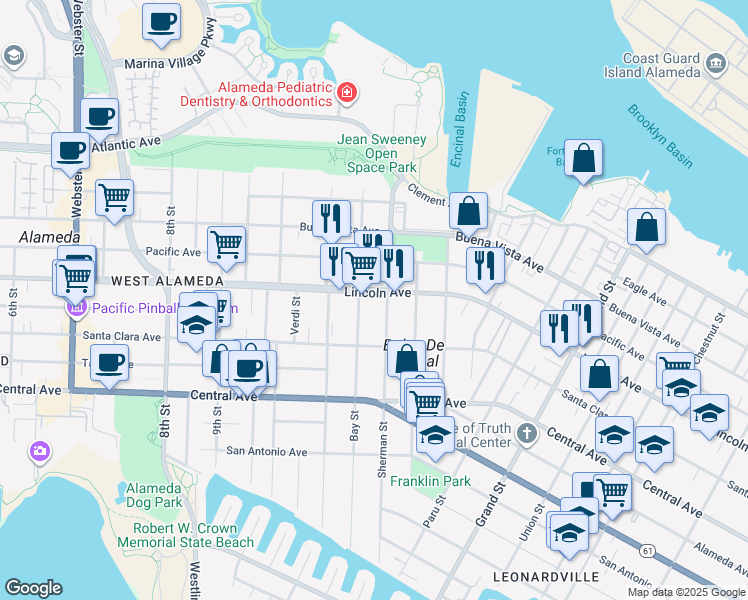 map of restaurants, bars, coffee shops, grocery stores, and more near 1557 Sherman Street in Alameda