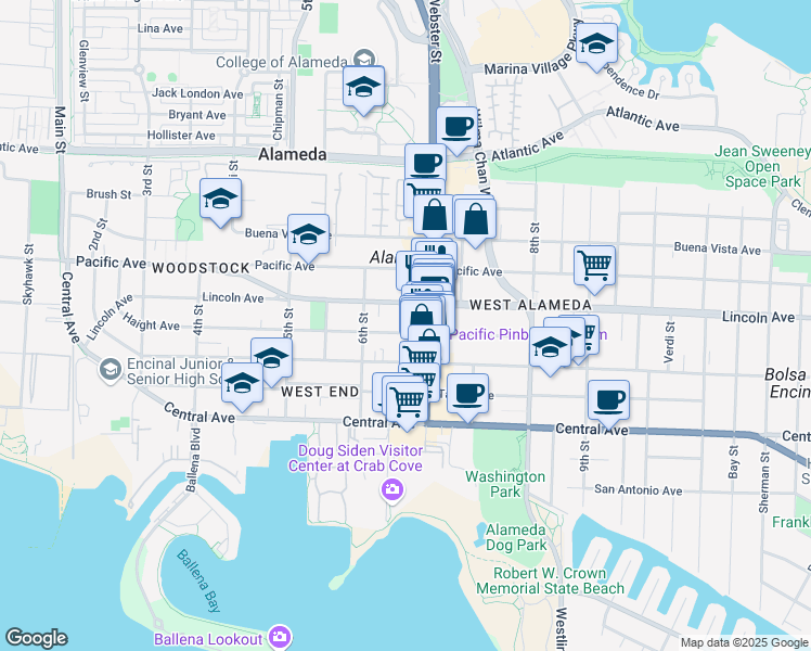 map of restaurants, bars, coffee shops, grocery stores, and more near 1531 Webster Street in Alameda